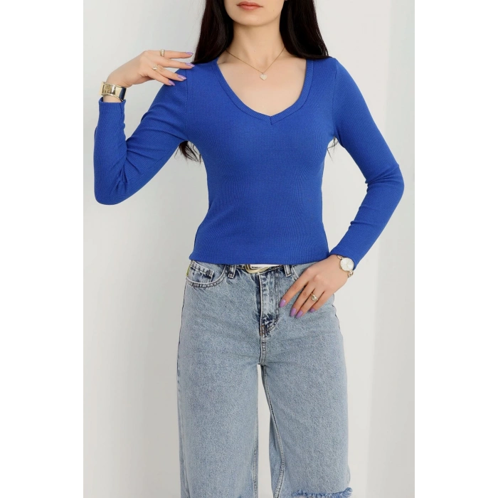 petite ateiler V yaka kaşkorse bluz saks mavisi a3699