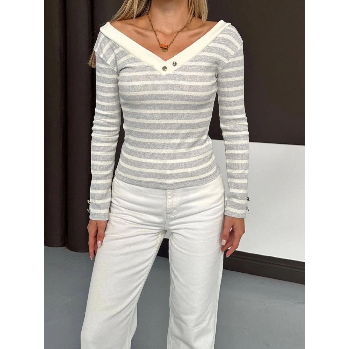 petite ateiler V yaka kol ve yaka düğmeli bluz gribeyaz A4047