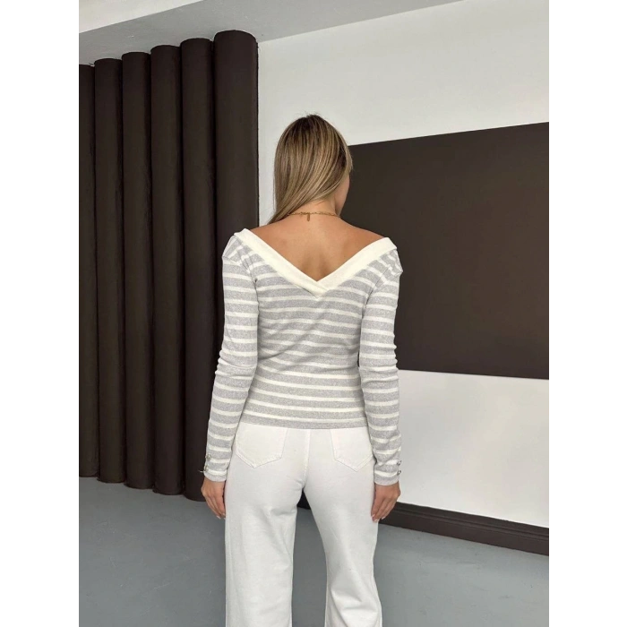 petite ateiler V yaka kol ve yaka düğmeli bluz gribeyaz A4047