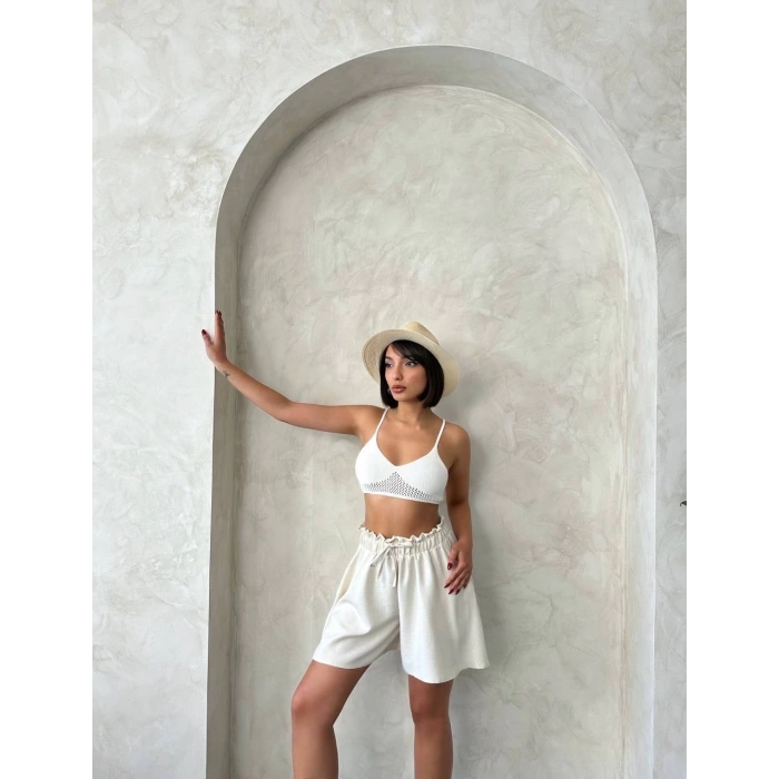 petite ateiler Volanlı keten şort bej s255058