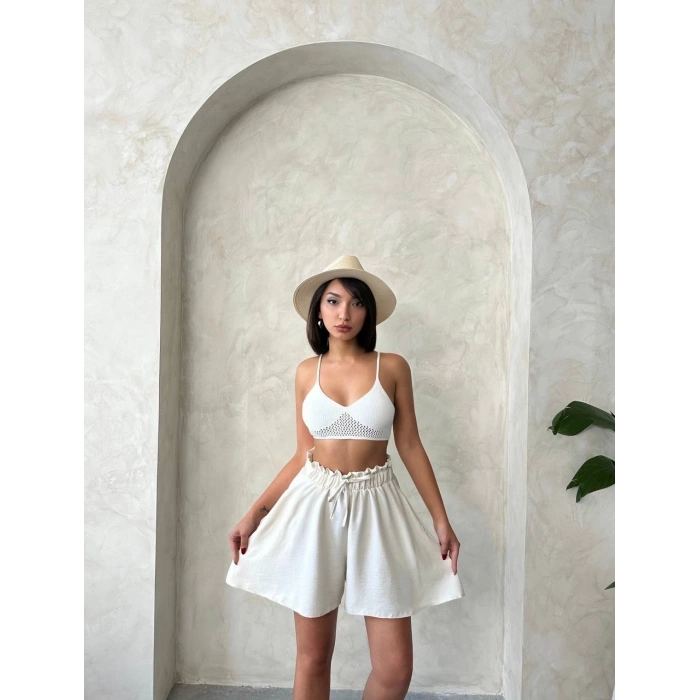 petite ateiler Volanlı keten şort bej s255058