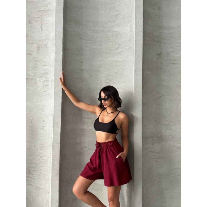 petite ateiler Volanlı keten şort bordo s255058