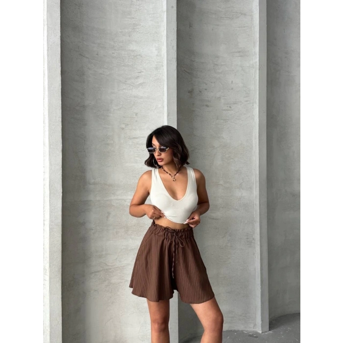 petite ateiler Volanlı keten şort kahve s255058