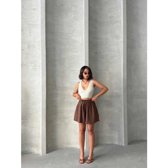 petite ateiler Volanlı keten şort kahve s255058