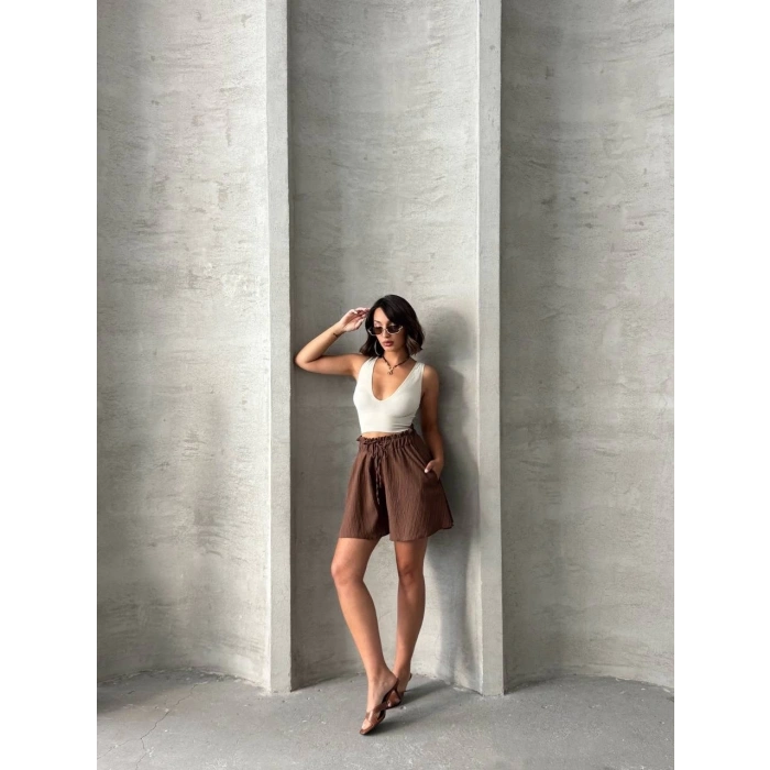 petite ateiler Volanlı keten şort kahve s255058