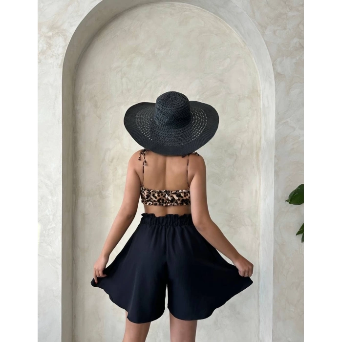 petite ateiler Volanlı keten şort siyah s255058