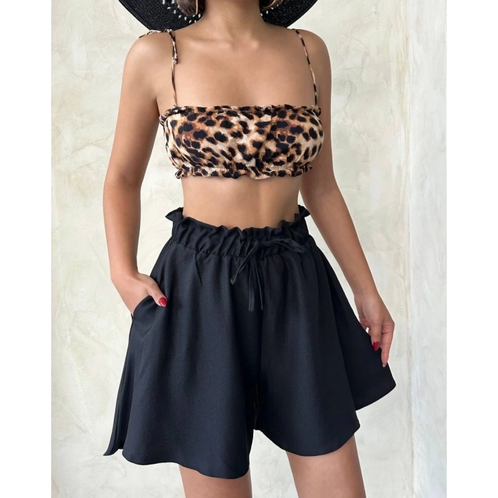 petite ateiler Volanlı keten şort siyah s255058