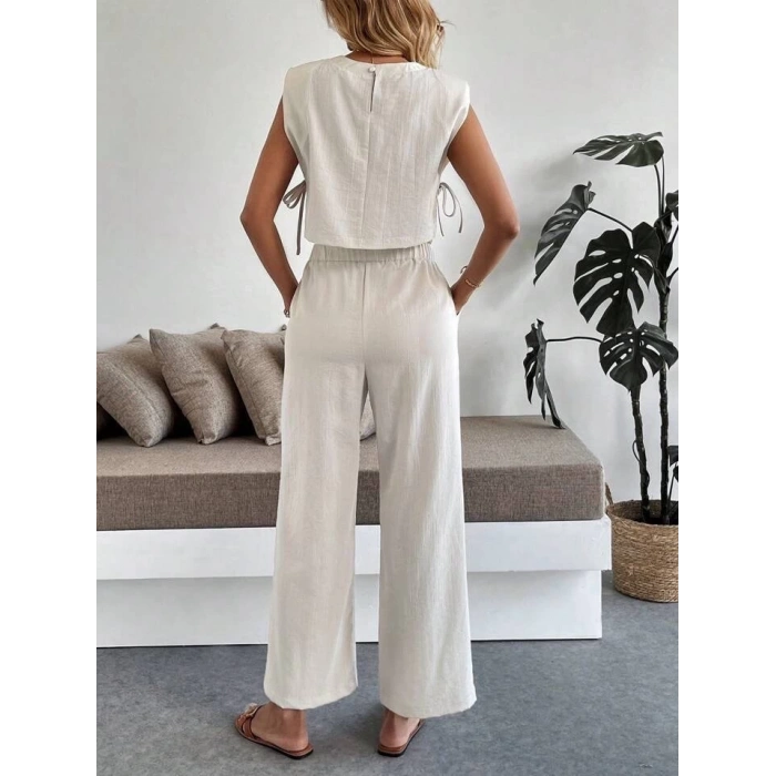 petite ateiler Yan bağlama detaylı pantolonlu takım bej