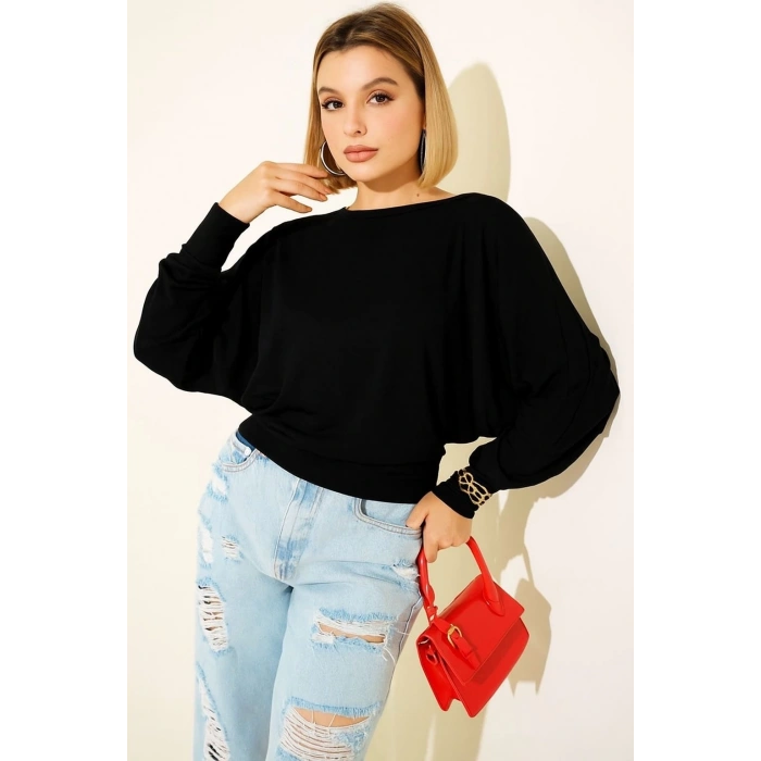 petite ateiler Yarasa Kol Salaş Bluz siyah T4273