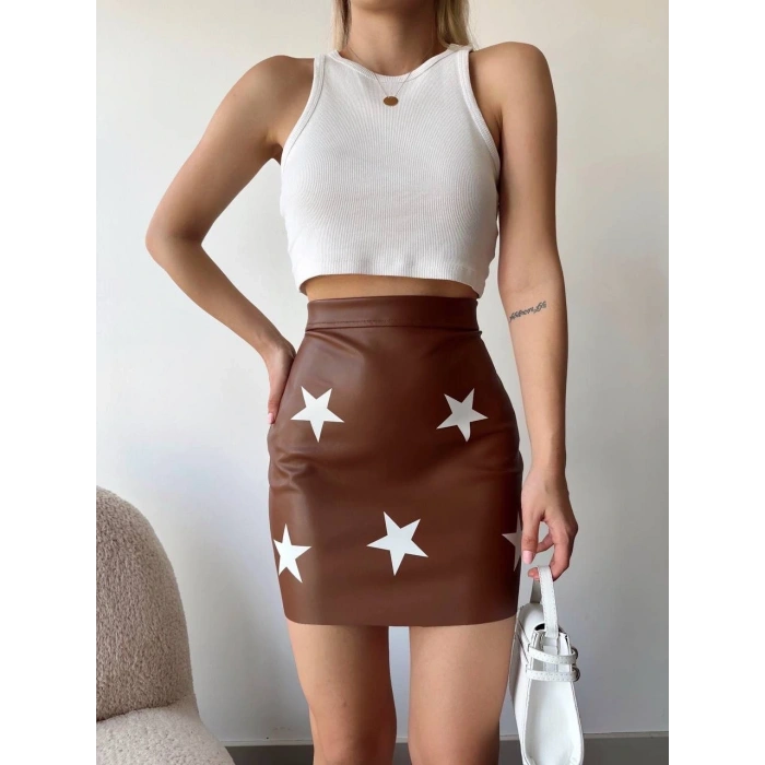 petite ateiler Yıldız baskılı deri etek kahve
