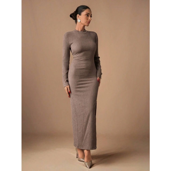 petite ateiler Yırtmaçlı kalın bürümcük uzun elbise vizon