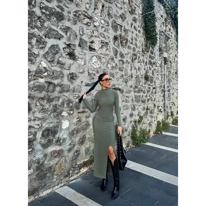 petite ateiler Yırtmaçlı kalın bürümcük uzun elbise Yeşil