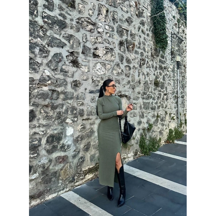 petite ateiler Yırtmaçlı kalın bürümcük uzun elbise Yeşil