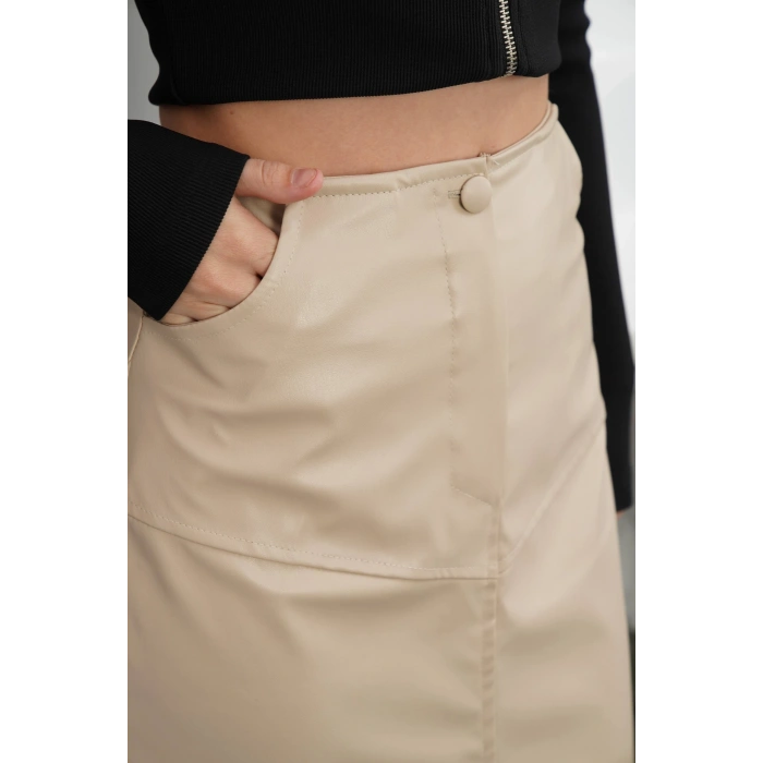 petite ateiler Yırtmaçlı uzun deri etek bej