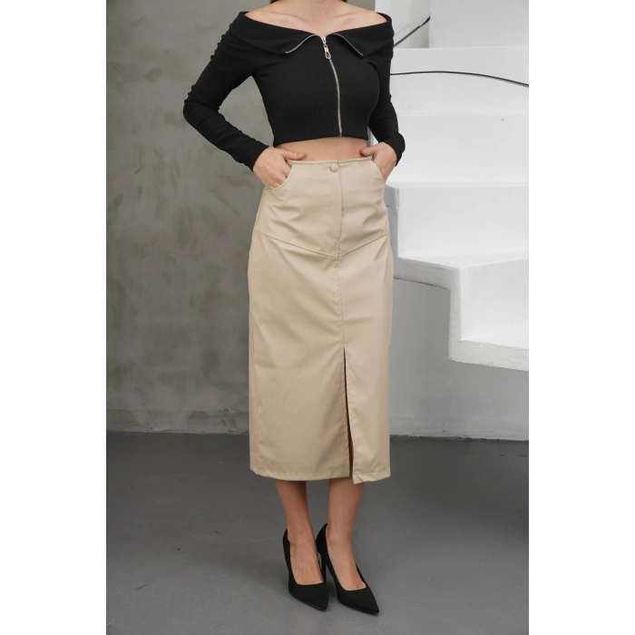 petite ateiler Yırtmaçlı uzun deri etek bej