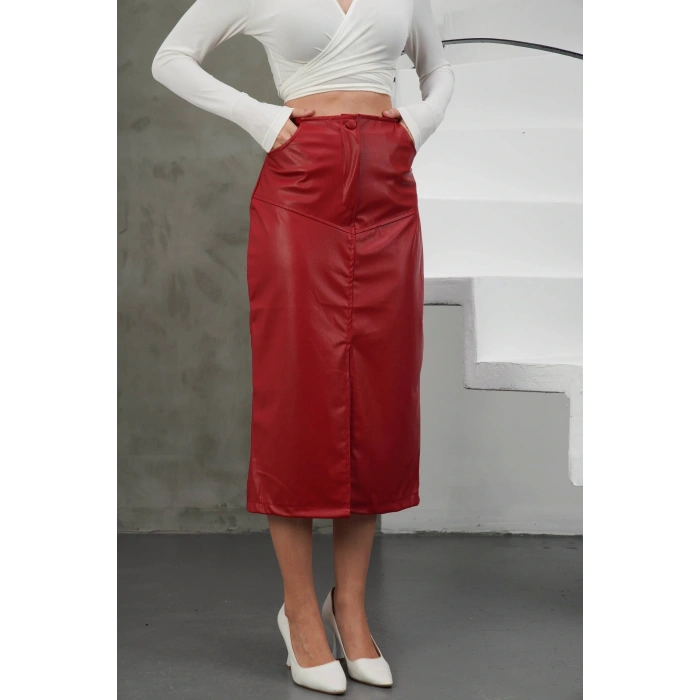 petite ateiler Yırtmaçlı uzun deri etek bordo