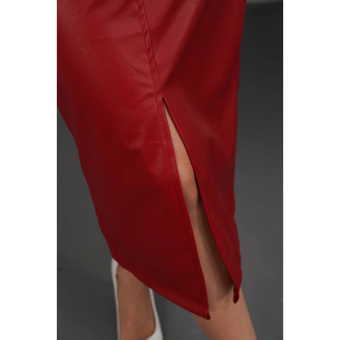 petite ateiler Yırtmaçlı uzun deri etek bordo