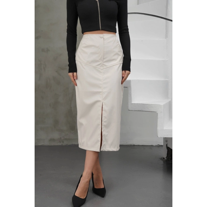 petite ateiler Yırtmaçlı uzun deri etek krem