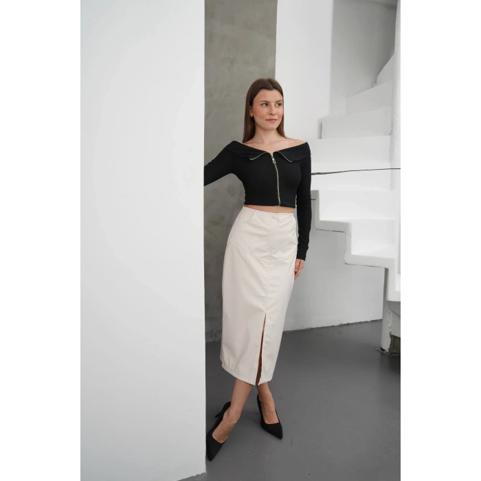 petite ateiler Yırtmaçlı uzun deri etek krem