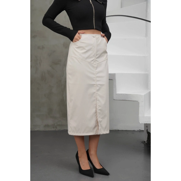 petite ateiler Yırtmaçlı uzun deri etek krem