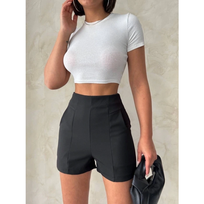 petite ateiler Yüksek bel parçalı double kumaş şort s25312