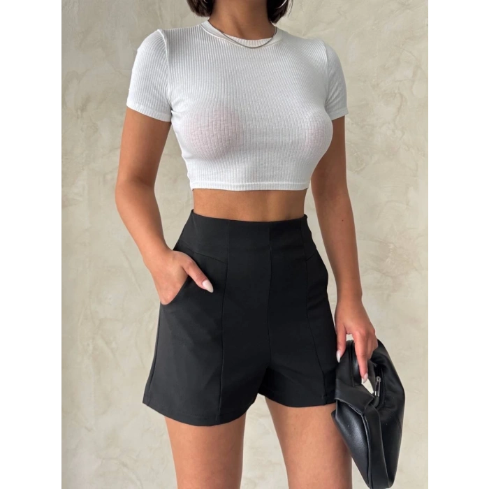 petite ateiler Yüksek bel parçalı double kumaş şort s25312