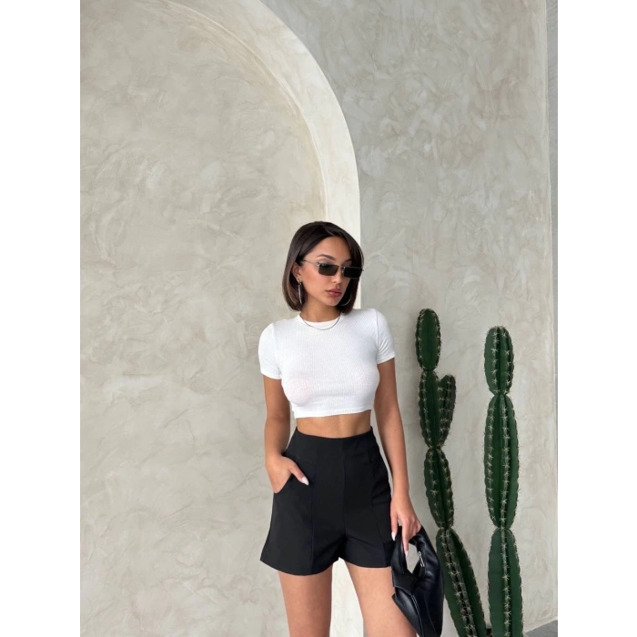 petite ateiler Yüksek bel parçalı double kumaş şort s25312