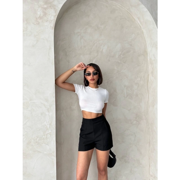 petite ateiler Yüksek bel parçalı double kumaş şort s25312