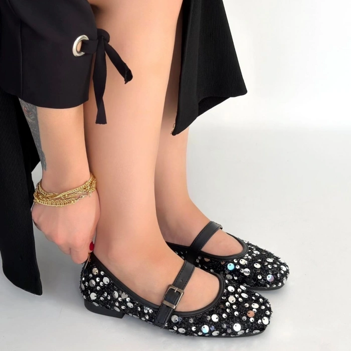 petite ateiler Zaty Siyah Süet Gümüş Pullu Babet Ayakkabı