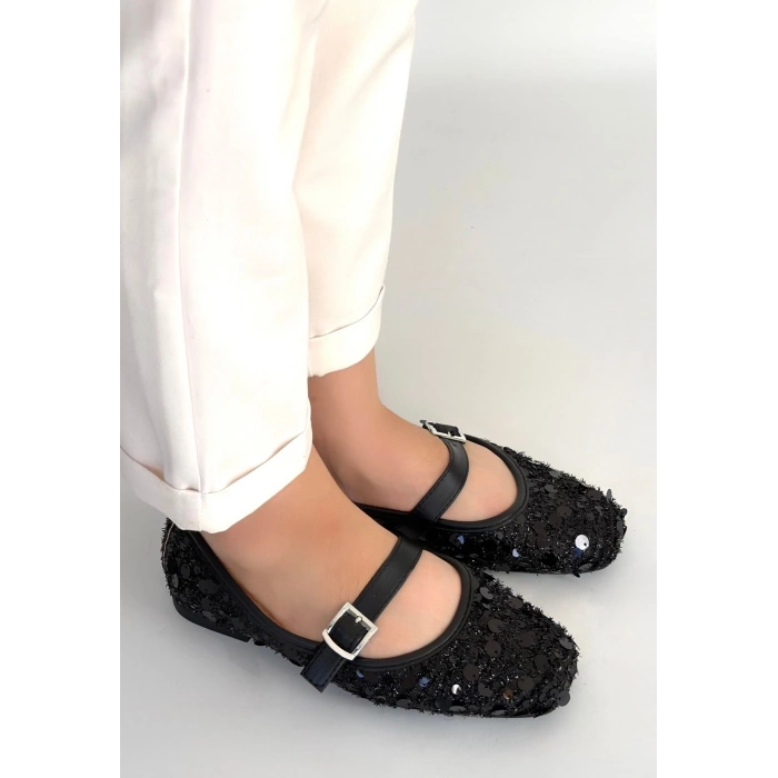 petite ateiler Zaty Siyah Süet Siyah Pullu Babet Ayakkabı