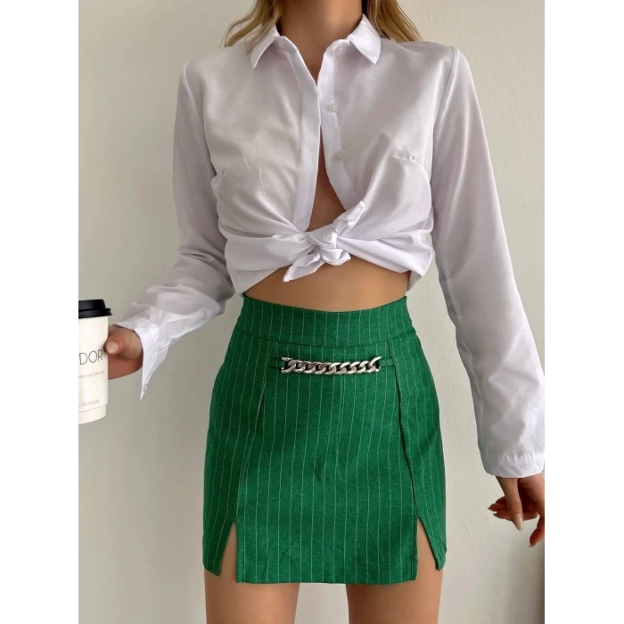 petite ateiler Zincir detaylı çizgili şort etek