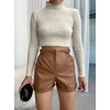 petite ateiler Beli lastikli deri şort kahve H24605