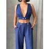 petite ateiler Crop pantolon keten takım s255012