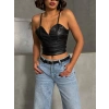 petite ateiler İp askılı yandan fermuarlı rastale deri crop siyah s24113
