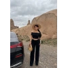 petite ateiler Madonna yaka bol paça pantolonlu takım