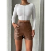 petite ateiler Parçalı cepli deri şort taba w26312