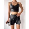 petite ateiler Pileli deri şort siyah h240053