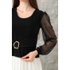 petite ateiler Tokalı tül kollu bluz siyah t4071