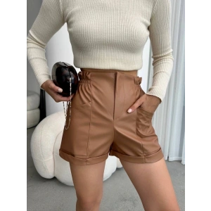 petite ateiler Beli lastikli deri şort kahve H24605