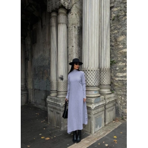 petite ateiler Boğazlı kalın bürümcük uzun elbise gri