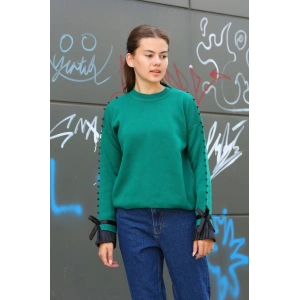 petite ateiler Boncuklu bile detaylı kazak petrol yeşili