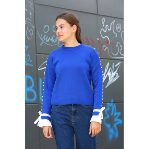 petite ateiler Boncuklu bile detaylı kazak saks mavisi