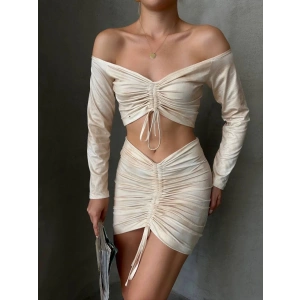 petite ateiler Büzgülü etek bluz takım bej s24709