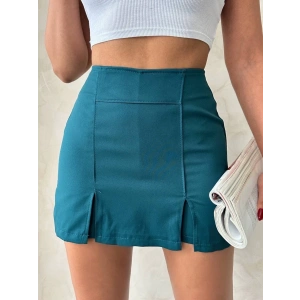 petite ateiler Çift yırtmaçlı atlas şort etek petrol yeşili s240364