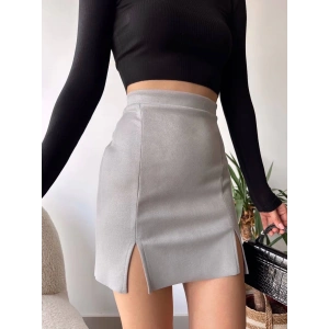 petite ateiler Çift yurtmaçlı süet etek gri s241002