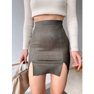 petite ateiler Çift yurtmaçlı süet etek haki s241002