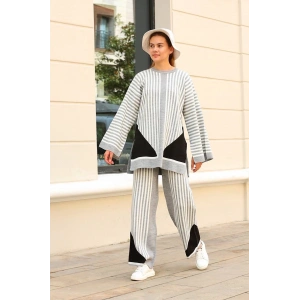 petite ateiler Çizgili bisiklet yaka triko takım Gri