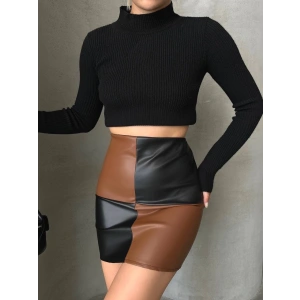 petite ateiler Damalı deri etek siyah kahve w24648