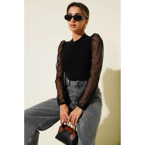 petite ateiler Dik yaka tül kollu bluz siyah t3066