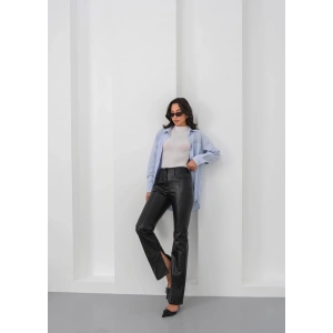 petite ateiler İspanyol yırtmaçlı paça deri pantolon siyah hn